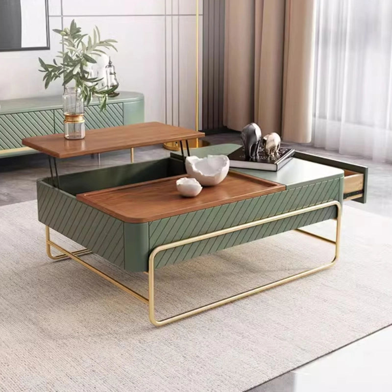 Sleek modern lift top coffee table with storage in a cozy living room setting.