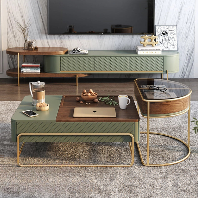 Sleek modern lift top coffee table with storage in a cozy living room setting.