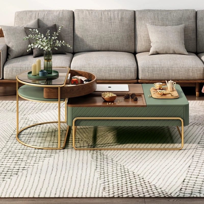 Sleek modern lift top coffee table with storage in a cozy living room setting.