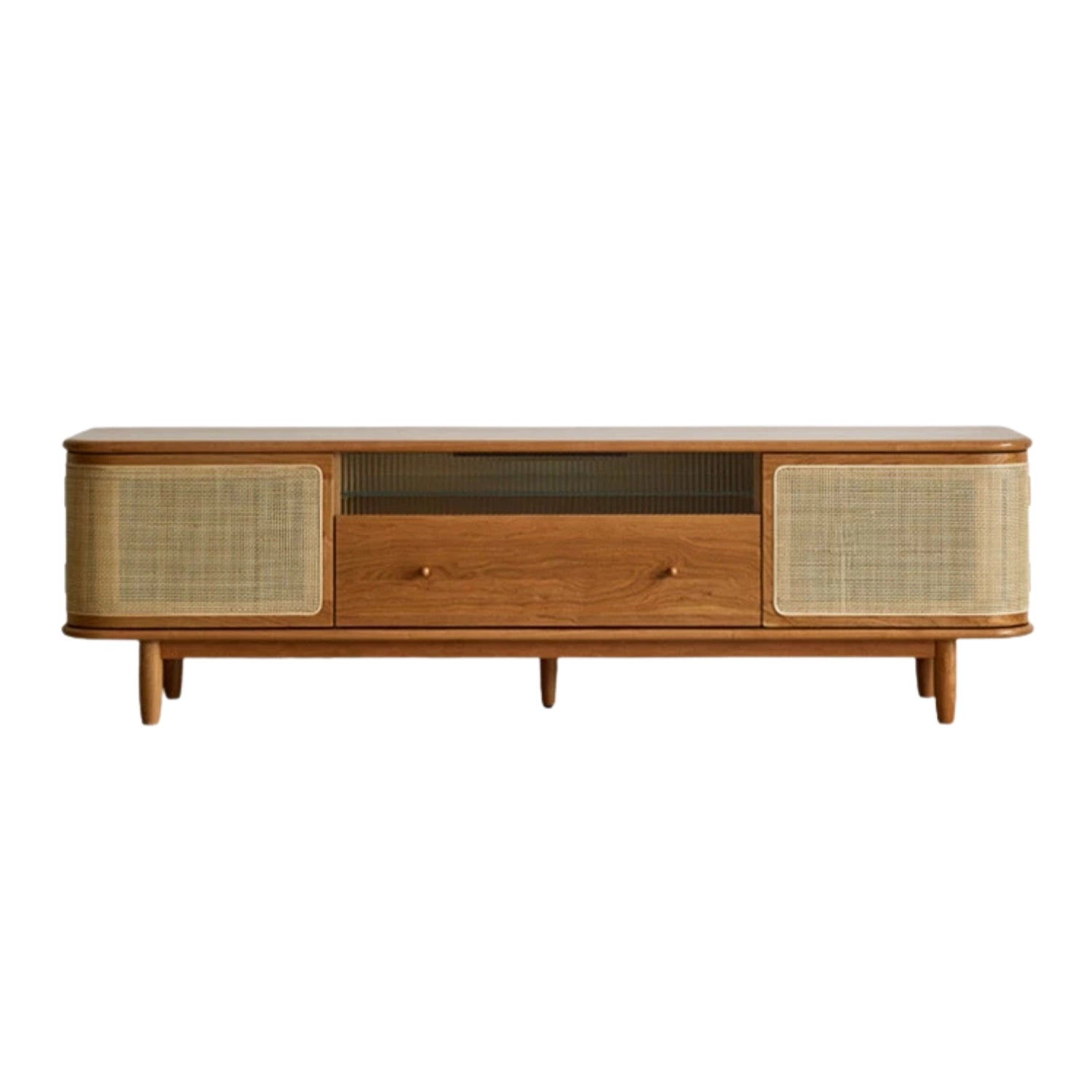Chic cherry wood TV stand showcasing rattan doors and spacious drawer.