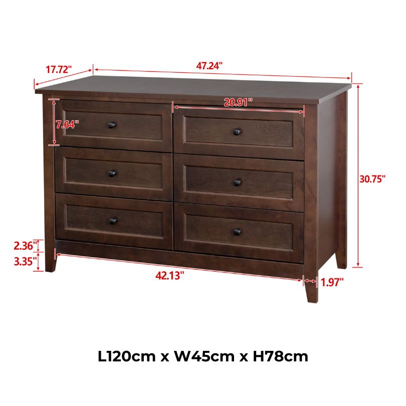 Front view of the vintage solid wood 6-drawer cabinet, emphasizing its antique design.