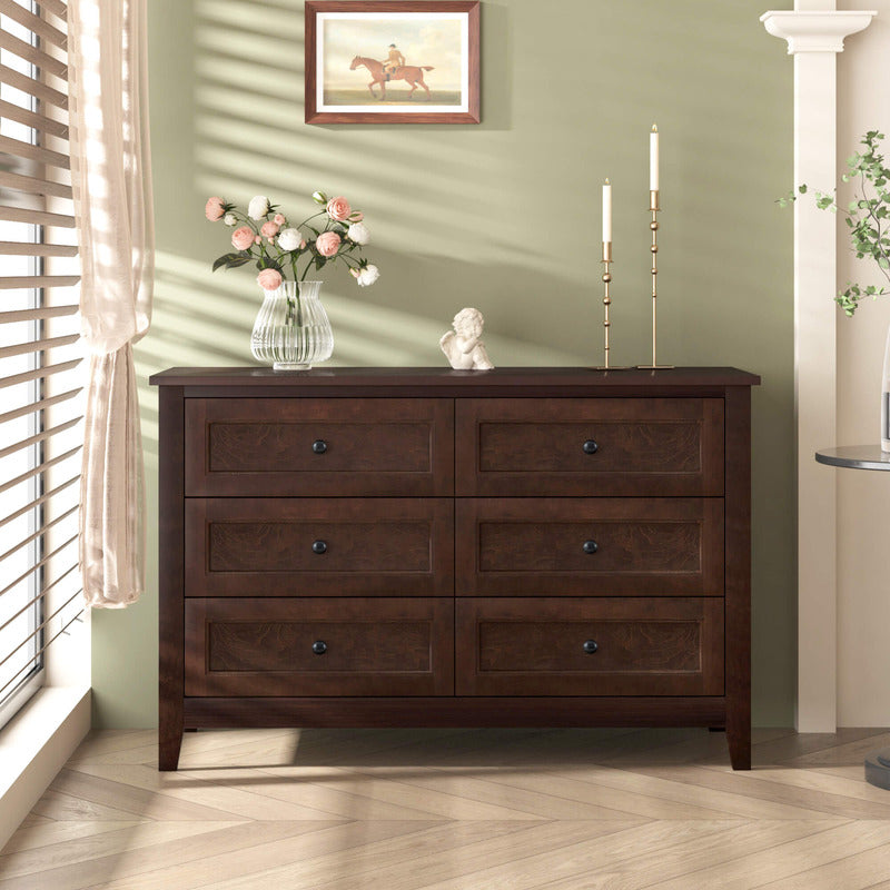 Front view of the vintage solid wood 6-drawer cabinet, emphasizing its antique design.