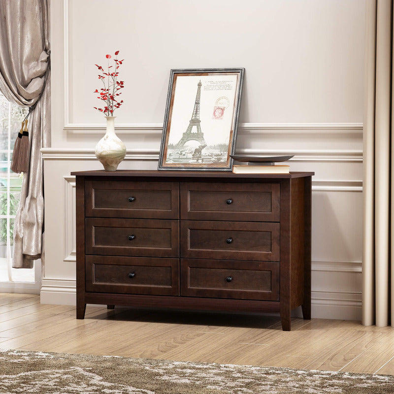 Front view of the vintage solid wood 6-drawer cabinet, emphasizing its antique design.