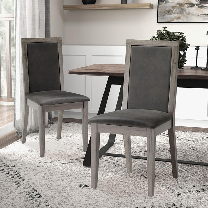 Angle view of Classic Retro Gray High Back Dining Chairs showcasing the upholstery and wood grain.