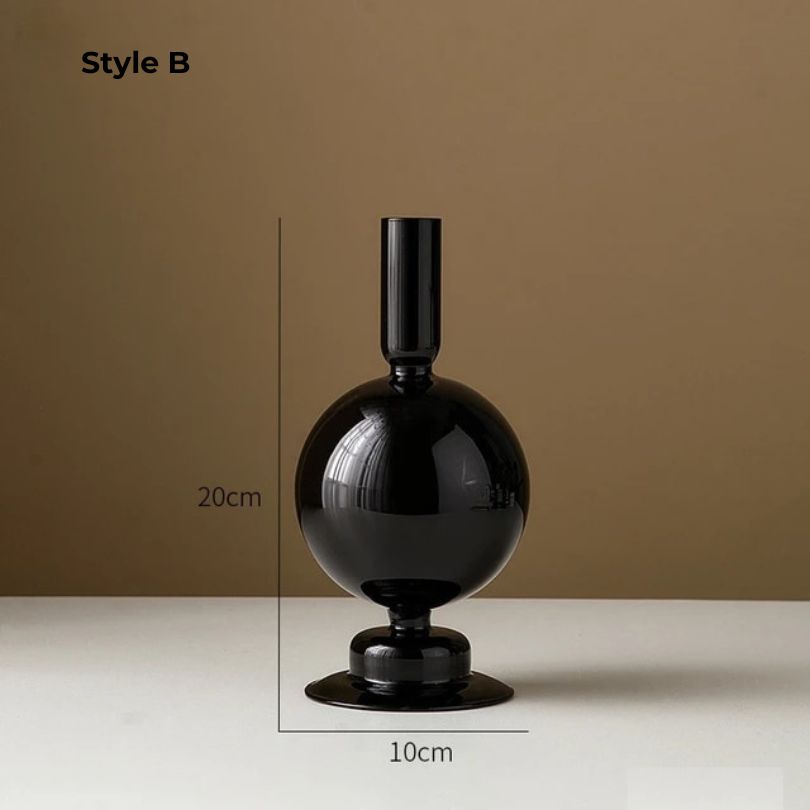 Close-up view of the retro candle holder showcasing its sleek black glass design.