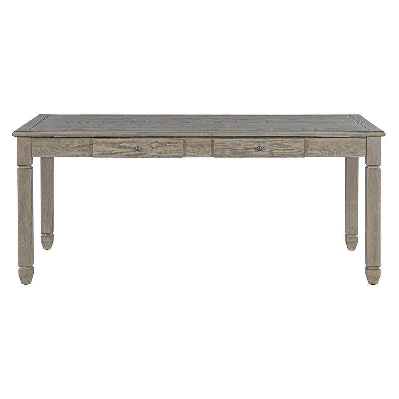 Dining table set with four upholstered chairs and bench, showcasing retro design.