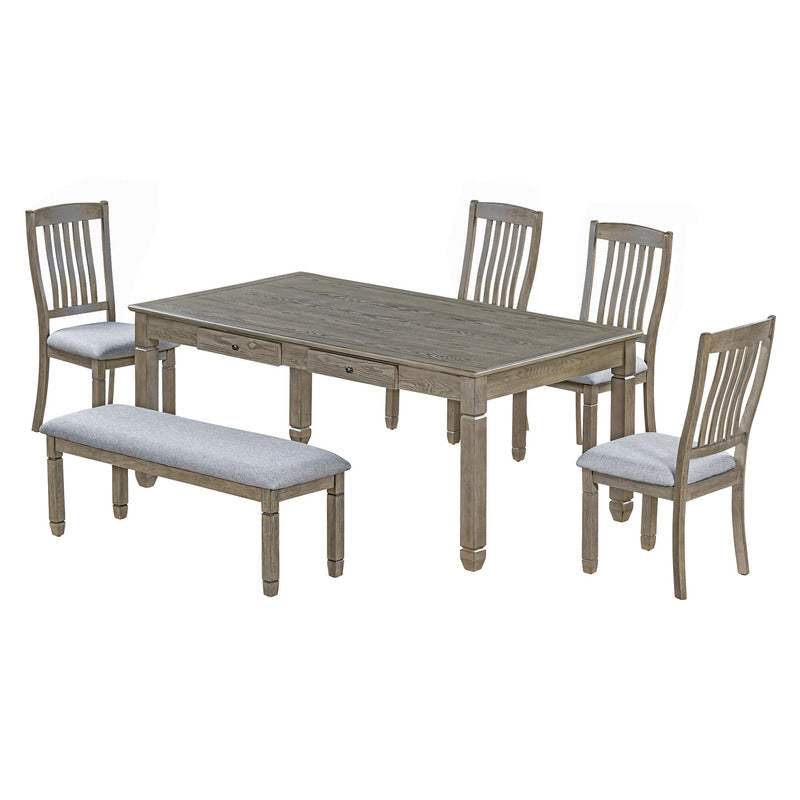 Dining table set with four upholstered chairs and bench, showcasing retro design.