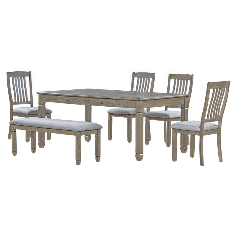 Comfortable upholstered chairs and dining bench in a stylish dining setup.