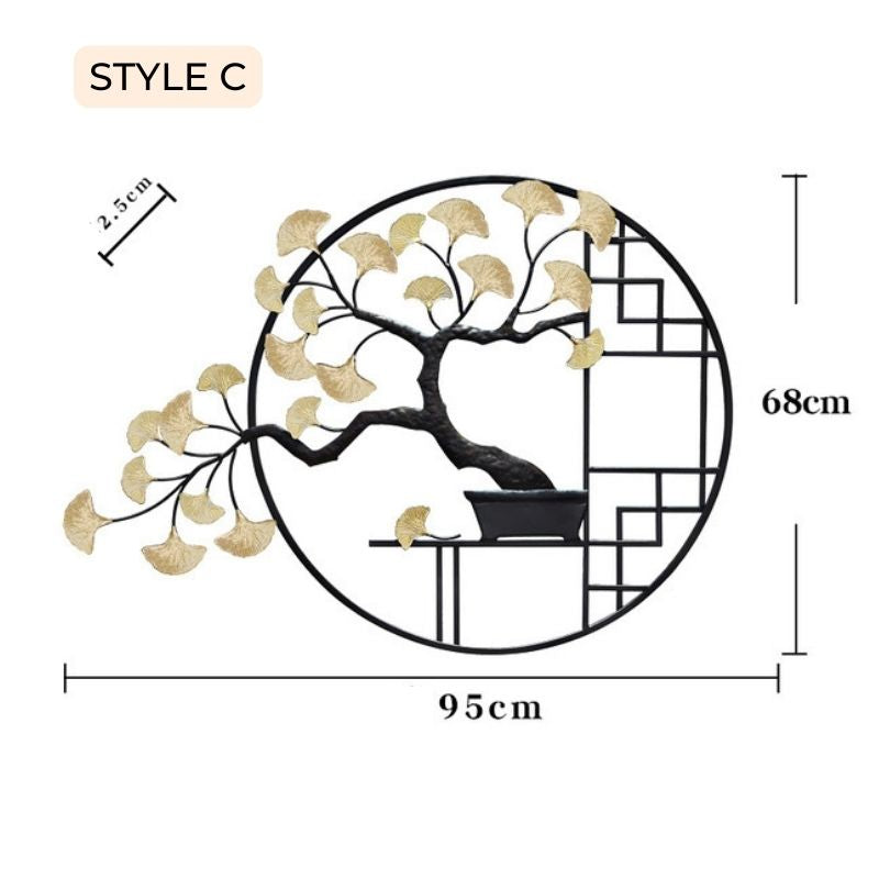 A stylish office space featuring decorative metal art with a unique tree design for an inspiring atmosphere.