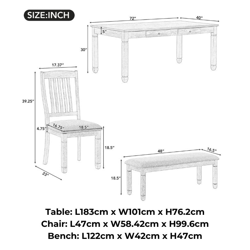 Dining table set with four upholstered chairs and bench, showcasing retro design.