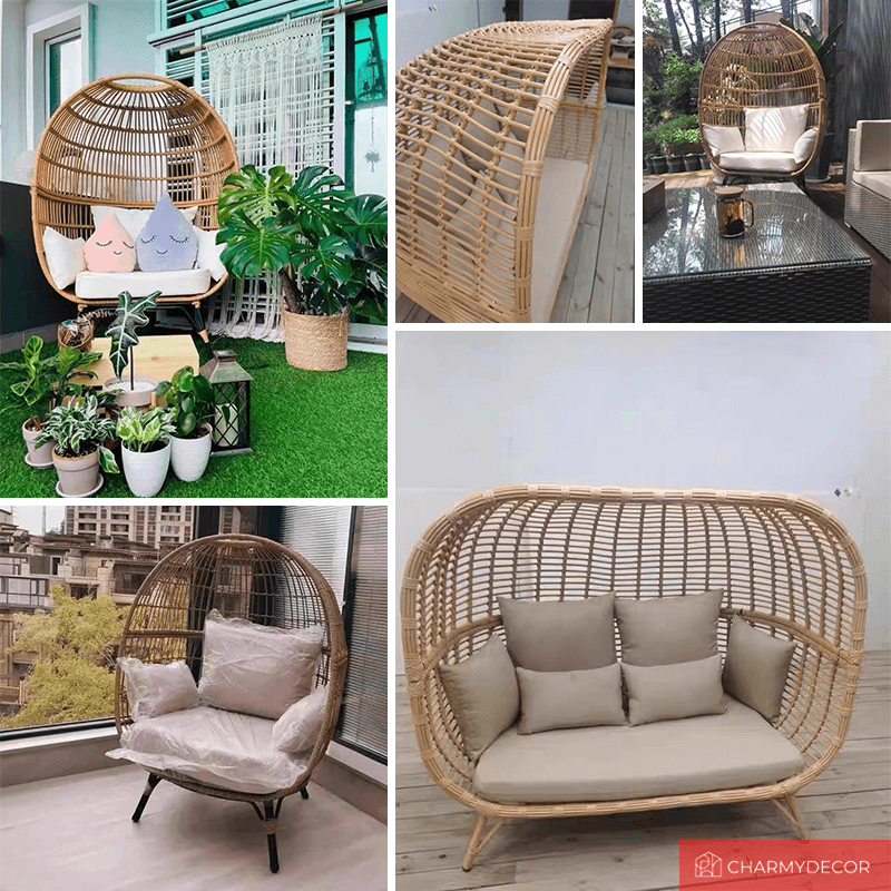 Side view of the Retro Ventura Outdoor Egg Chair with cushions in a sunny patio.