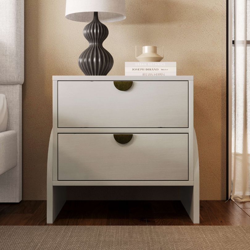 Vintage white two-drawer nightstand with rubber wood construction and retro design.