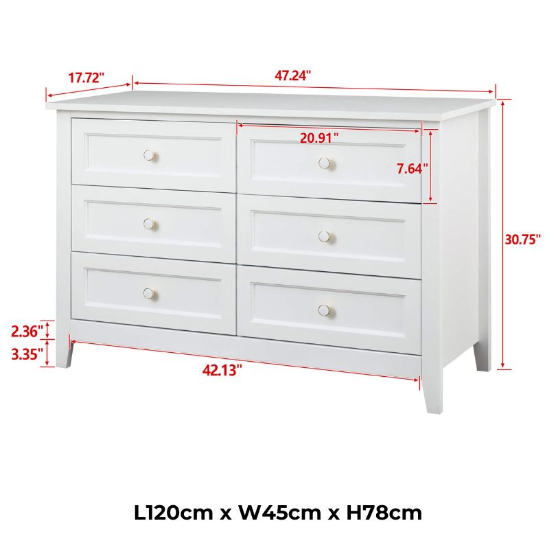 Front view of Vintage Charm 6-drawer white wood cabinet showcasing its elegant design.
