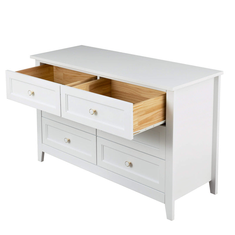Front view of Vintage Charm 6-drawer white wood cabinet showcasing its elegant design.