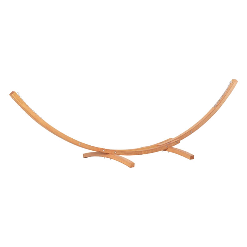 Vintage wooden hammock with stand in a serene garden setting, showcasing its elegant design.