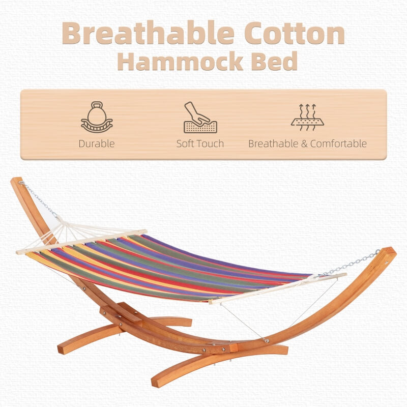 Close-up of the retro wooden hammock fabric and sturdy pine wood stand, emphasizing quality.