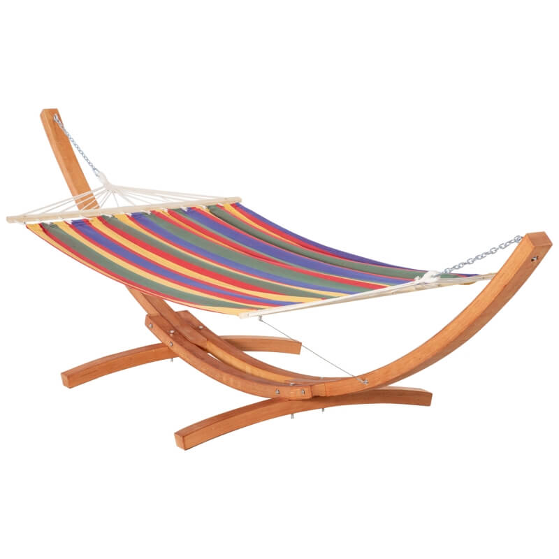 A person relaxing in the comfortable single bed arch hammock, surrounded by nature.