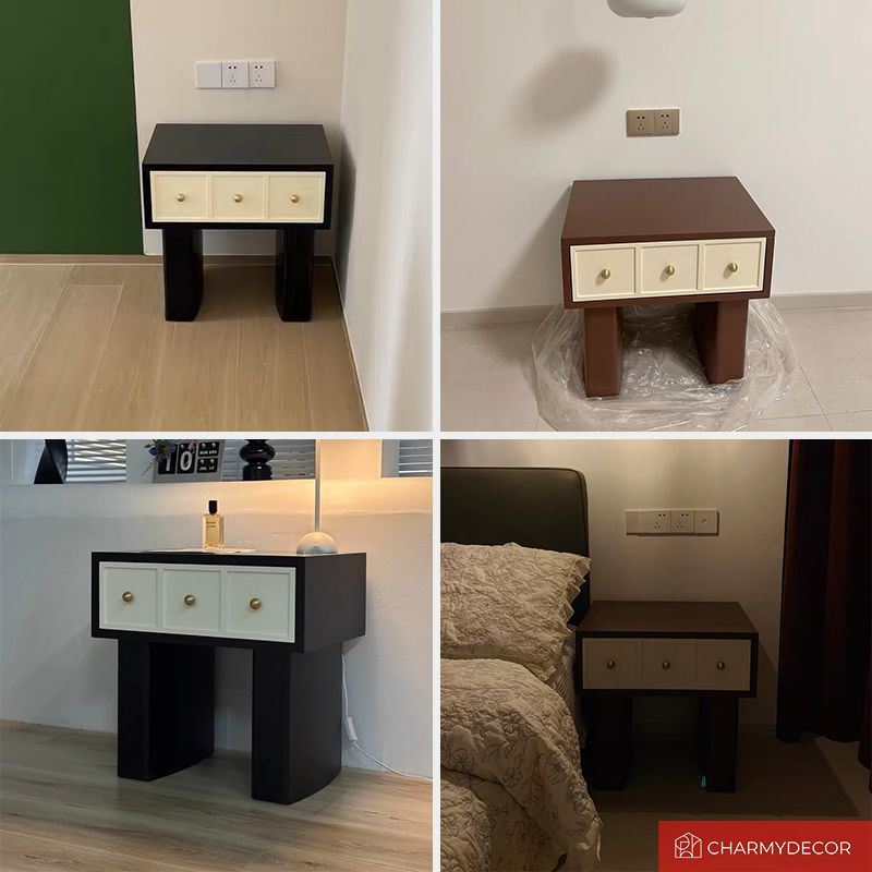 Side view of the Charming Retro Wooden Nightstand with Drawer, highlighting its vintage finish and drawer.