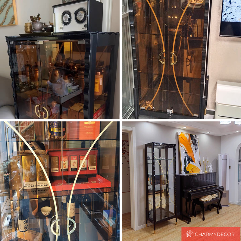 Elegant modern glass wine cabinet showcasing multiple wine bottles inside with glass doors.