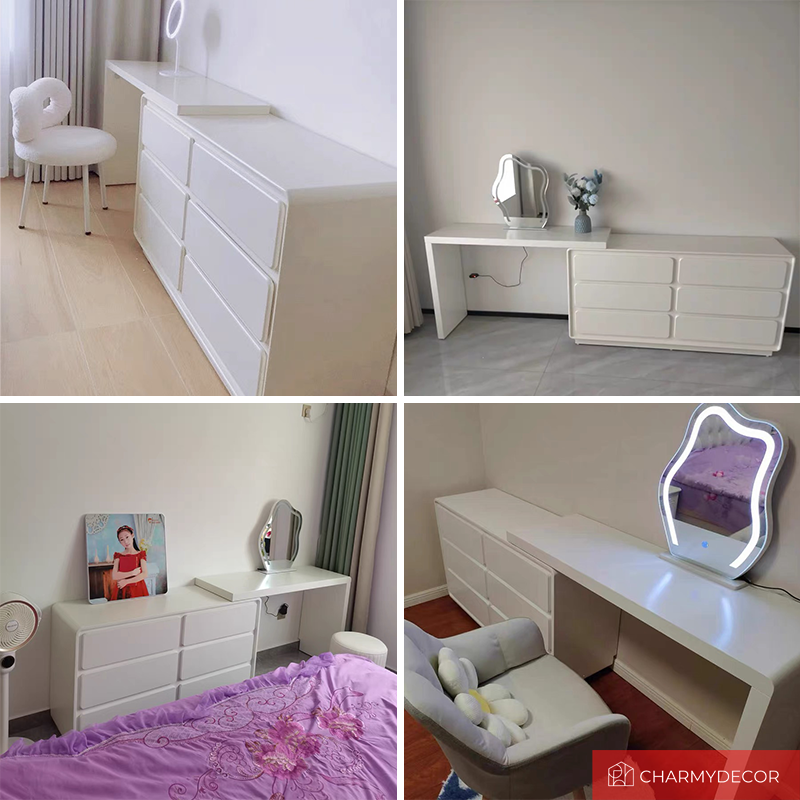 Elegant White Retractable Makeup Vanity Table Set showcasing its sleek design and mirror.