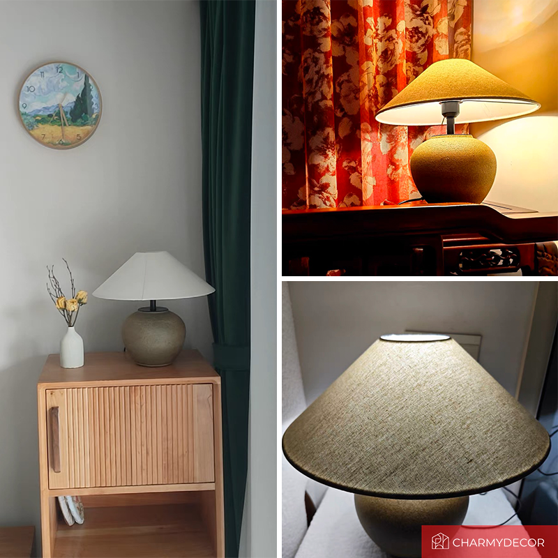 Front view of the Japanese luxury handmade pottery table lamp showcasing its elegant fabric lampshade.