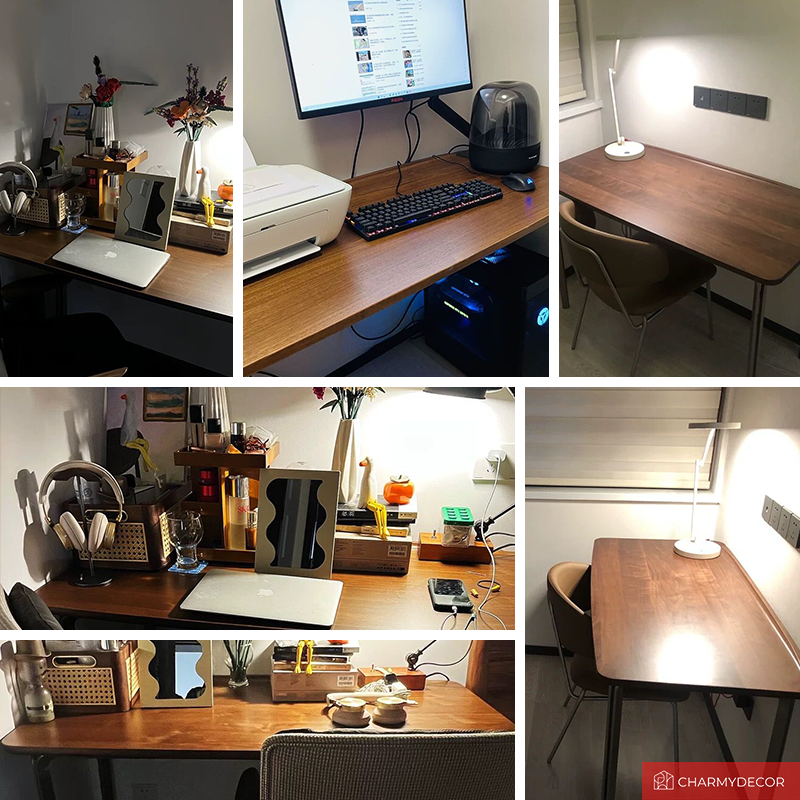 Front view of modern black walnut desk with steel legs, showcasing its elegant design.