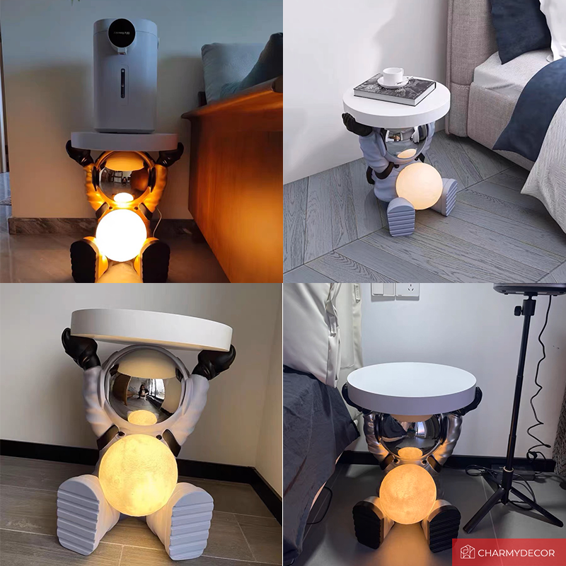 Galactic Astronaut Nightstand with glowing moon lamp at nighttime, perfect for bedroom decor.