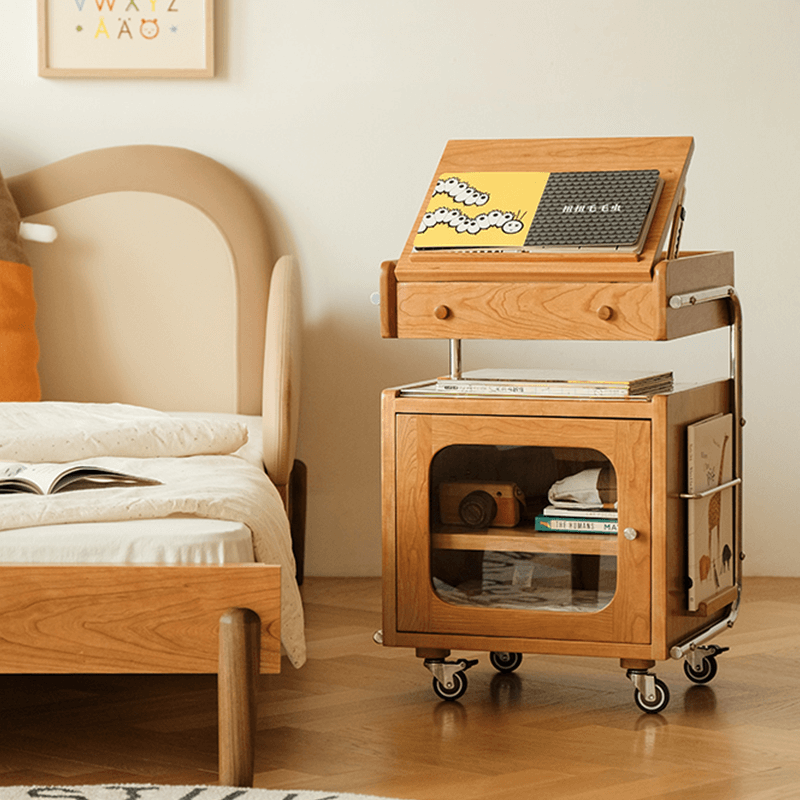 Robot-shaped wooden side table with wheels in a cozy living room setting.