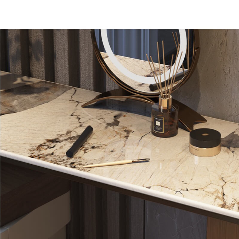 Close-up of rotating drawer system showcasing makeup storage capacity for small spaces.