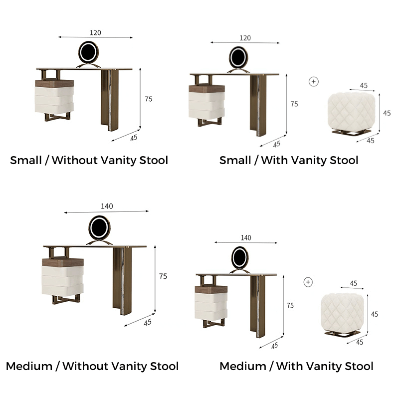 Side angle of vanity table highlighting modern dressing table with swivel compartments.