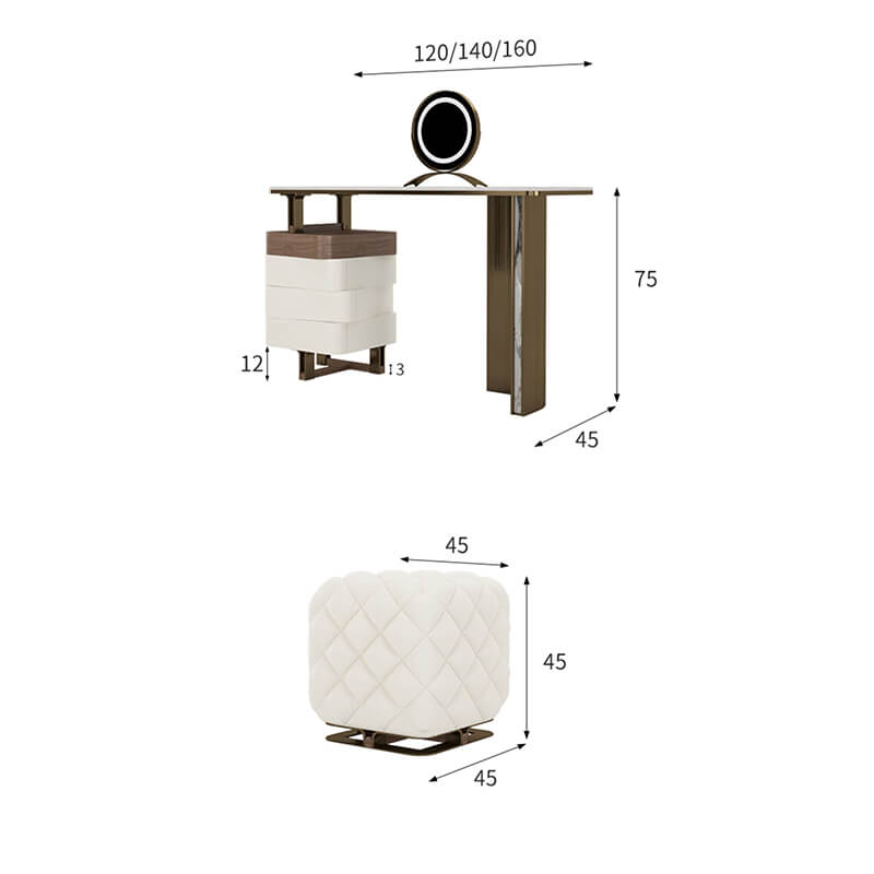 Front view of LunaStone makeup vanity showing mirror and rotating drawers in brown and off-white finish.