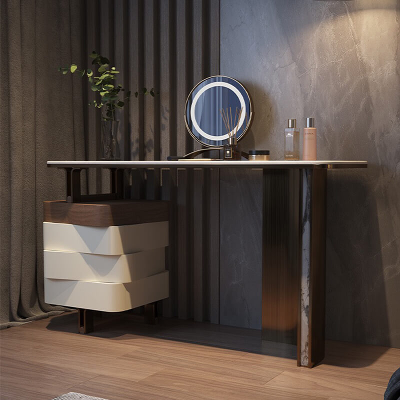 Front view of LunaStone makeup vanity showing mirror and rotating drawers in brown and off-white finish.