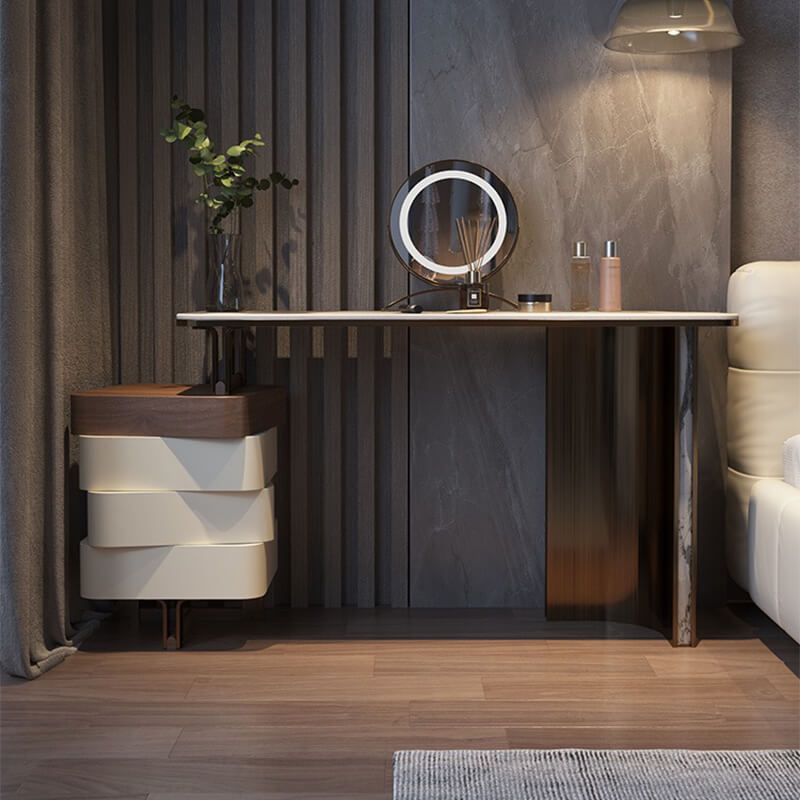 Side angle of vanity table highlighting modern dressing table with swivel compartments.