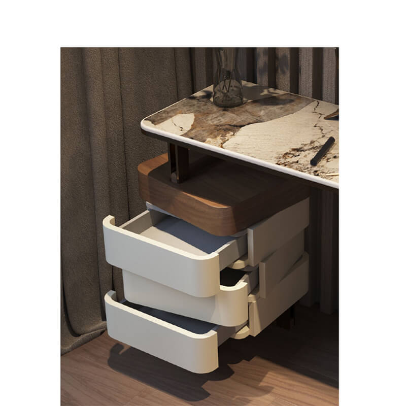 Front view of LunaStone makeup vanity showing mirror and rotating drawers in brown and off-white finish.