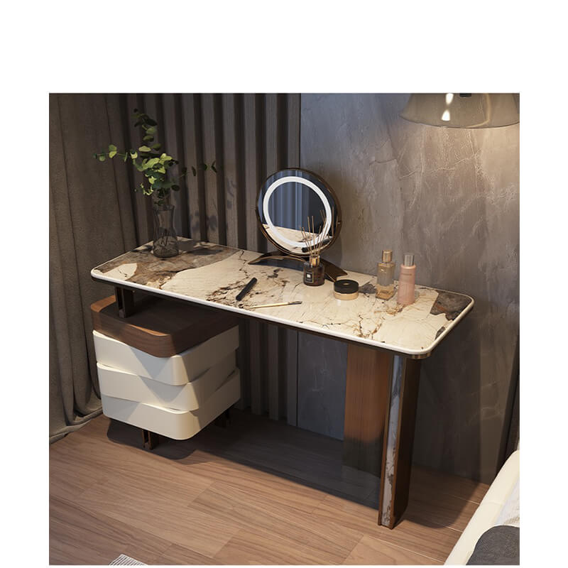 Close-up of rotating drawer system showcasing makeup storage capacity for small spaces.