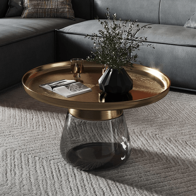 Close-up view of the unique glass coffee table highlighting its elegant design and color options.