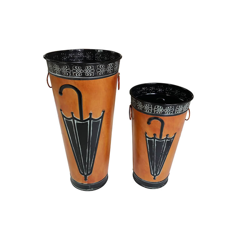 Side perspective of the umbrella stand set, highlighting its sturdy construction and rustic design.