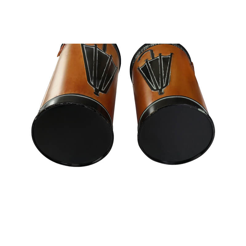 Side perspective of the umbrella stand set, highlighting its sturdy construction and rustic design.