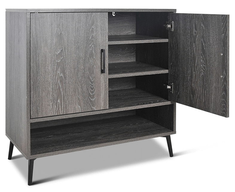 Rustic dark wood shoe storage cabinet in a modern entryway