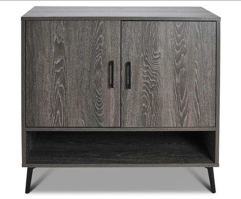 Close-up of the cabinets metal handles and woodgrain texture