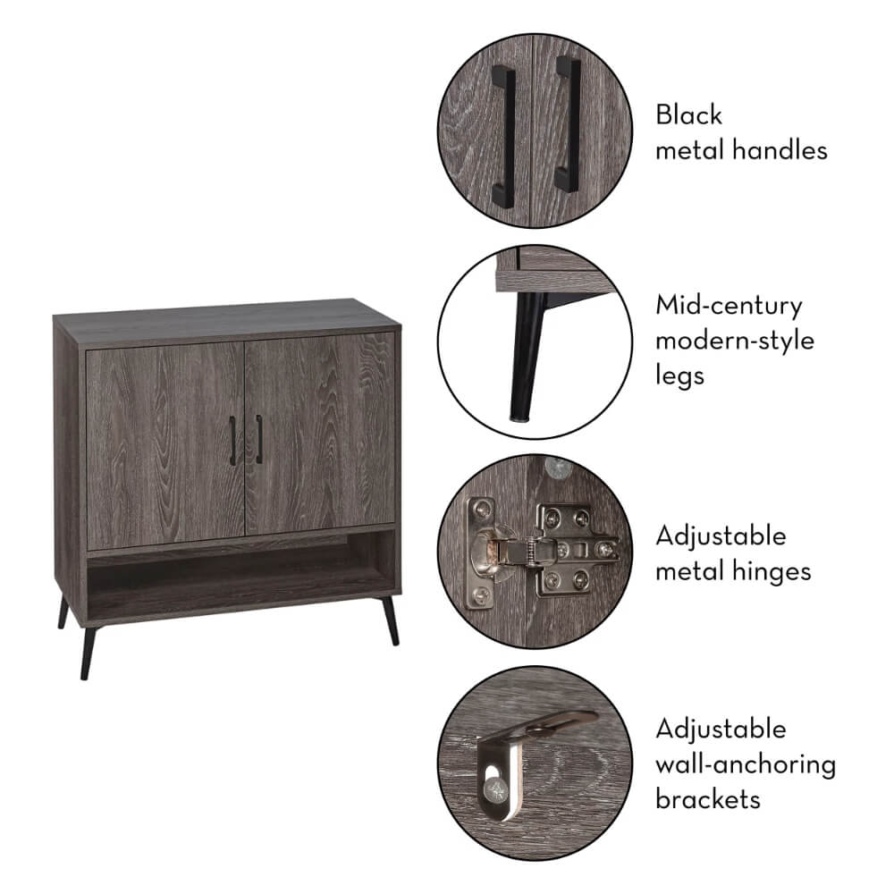 Close-up of the cabinets metal handles and woodgrain texture