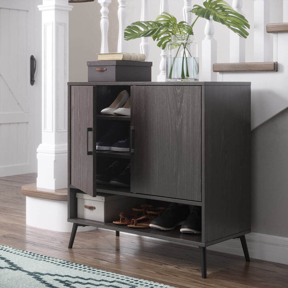 Rustic dark wood shoe storage cabinet in a modern entryway