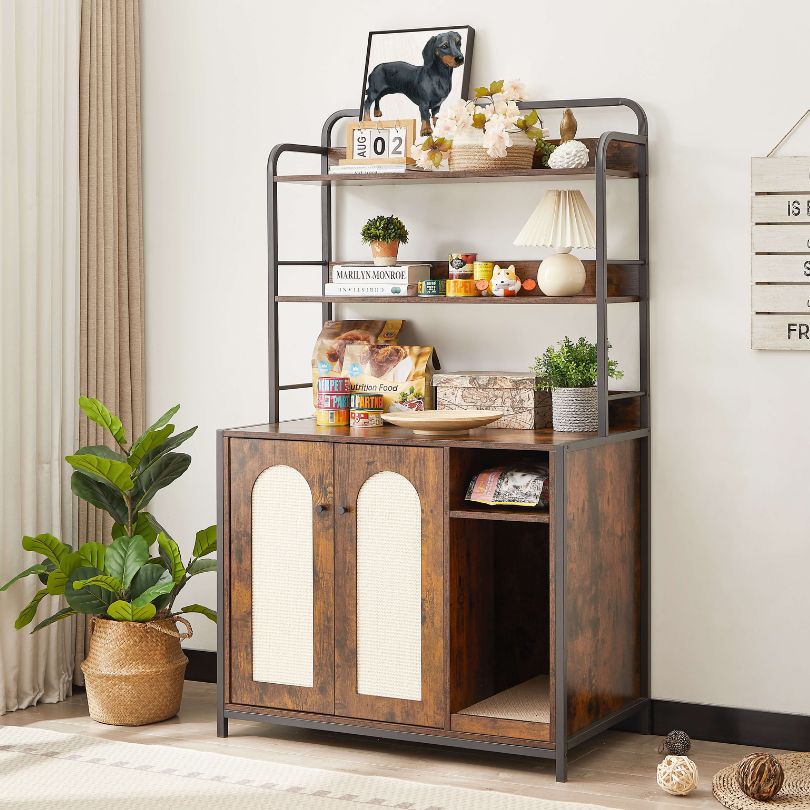 Chic rustic hidden litter box with display shelves in a cozy living room setting.