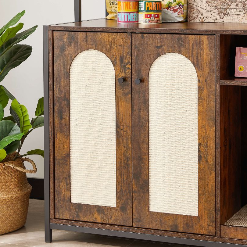 Chic rustic hidden litter box with display shelves in a cozy living room setting.