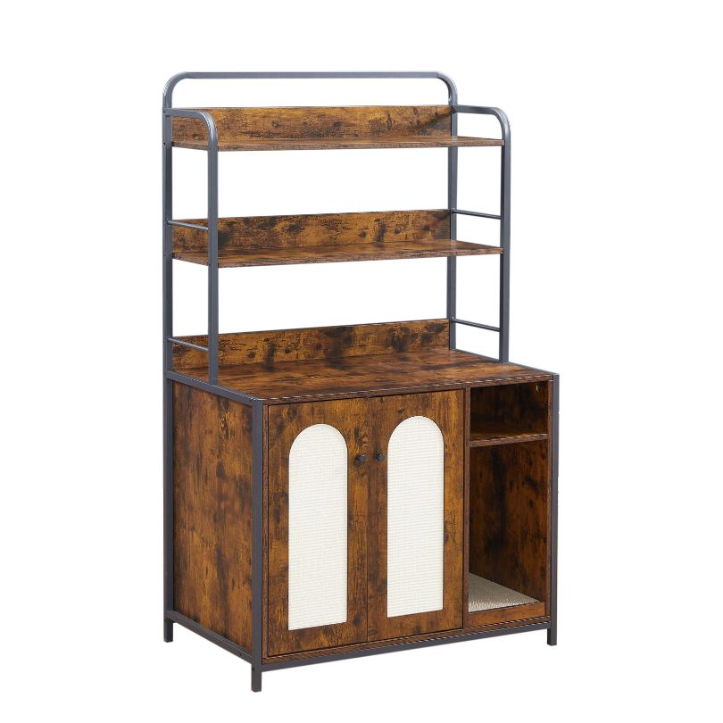 Chic rustic hidden litter box with display shelves in a cozy living room setting.