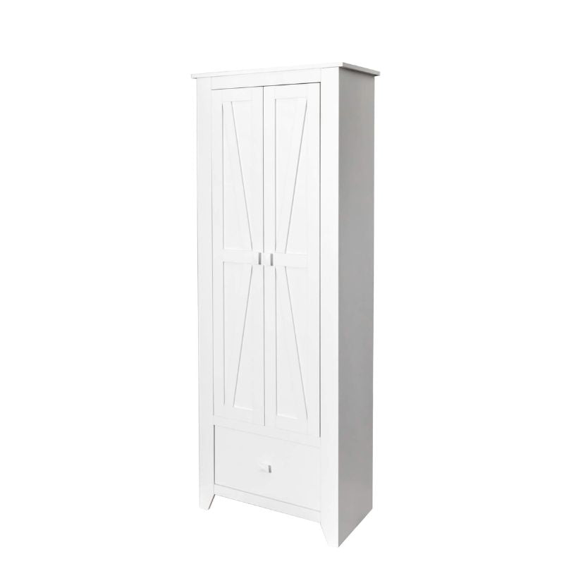 Side angle of the freestanding cabinet, highlighting the rustic finish and adjustable shelves.
