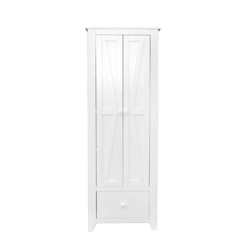 Front view of the rustic white storage cabinet with barn doors, showcasing its spacious drawers.