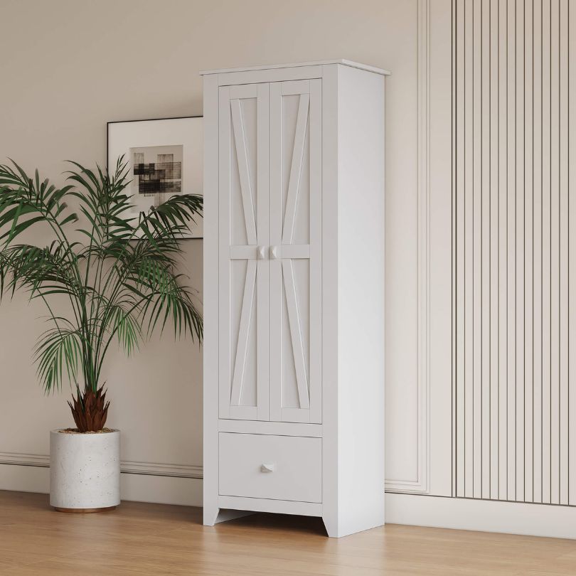 Side angle of the freestanding cabinet, highlighting the rustic finish and adjustable shelves.