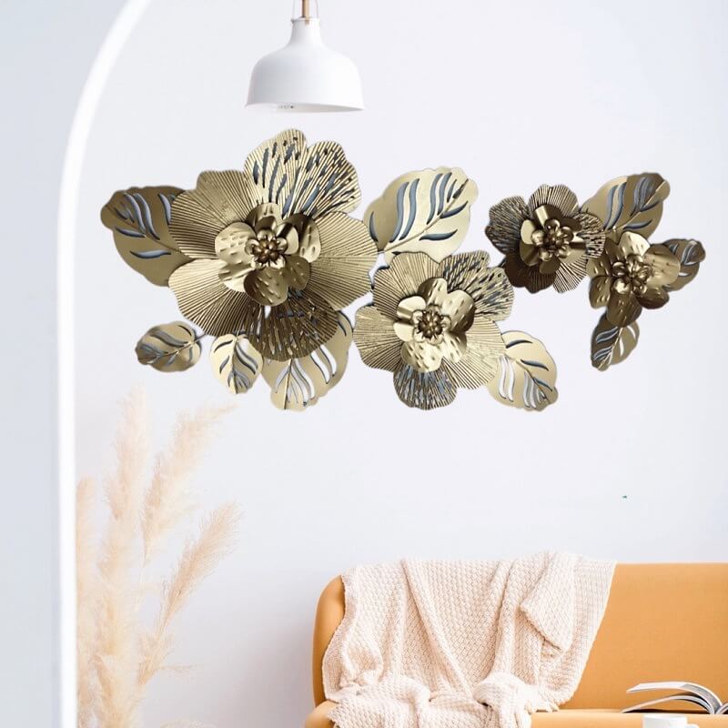 Horizontal view of metal wall decor displayed in a contemporary office environment.