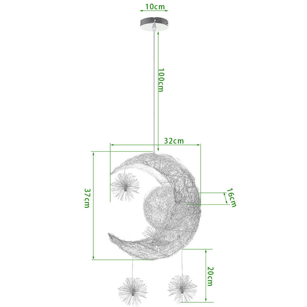 Starlight Crescent Moon LED Pendant Lamp illuminating a cozy bedroom setting.